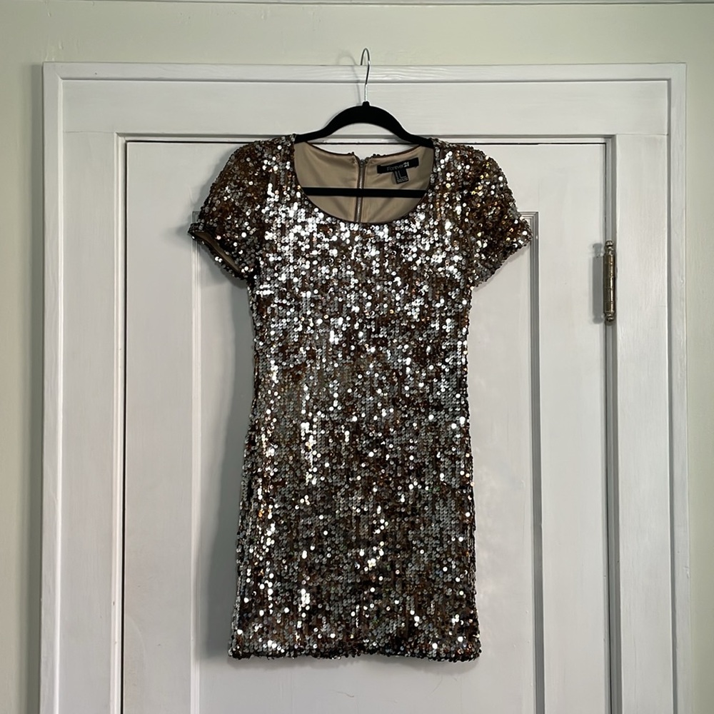Vintage Forever 21 Warm Bronze Gold Sequin Beaded Party Short Sleeve Mini Dress